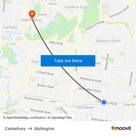 Canterbury to Alphington map