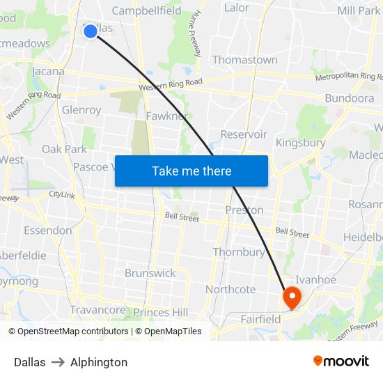 Dallas to Alphington map