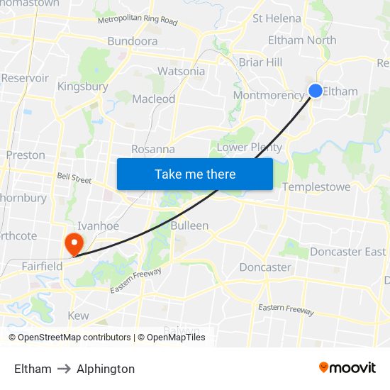 Eltham to Alphington map