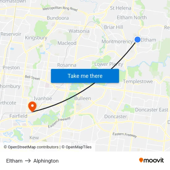 Eltham to Alphington map