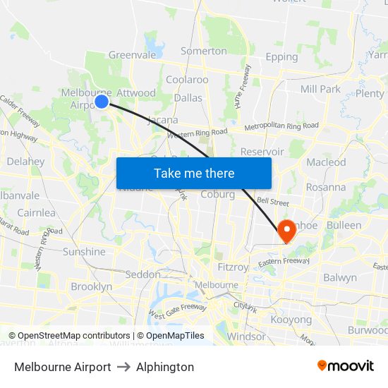 Melbourne Airport to Alphington map