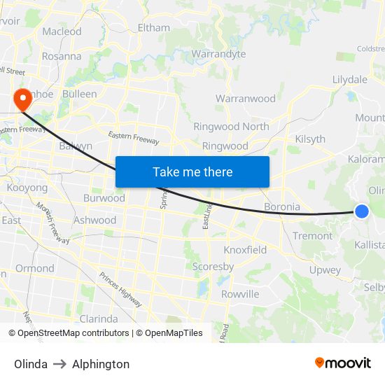 Olinda to Alphington map