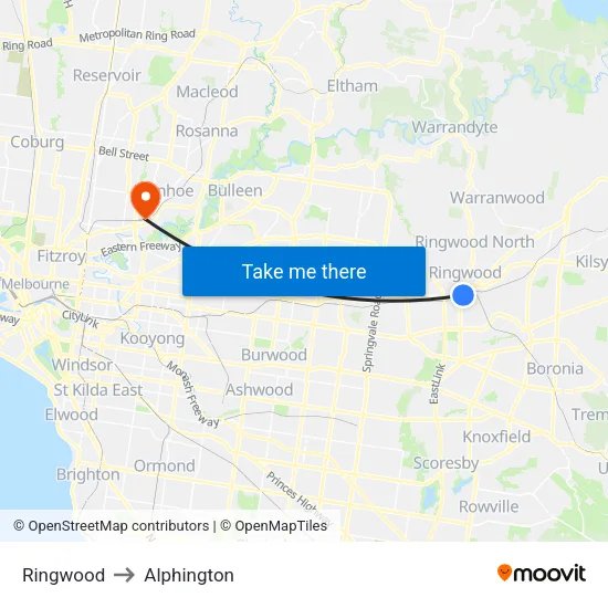 Ringwood to Alphington map