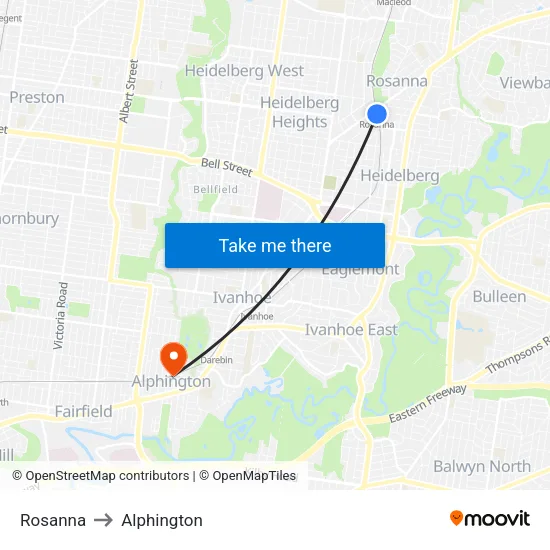 Rosanna to Alphington map