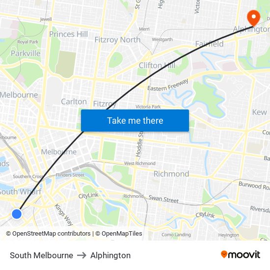 South Melbourne to Alphington map