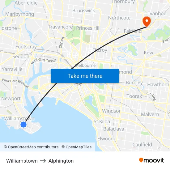 Williamstown to Alphington map