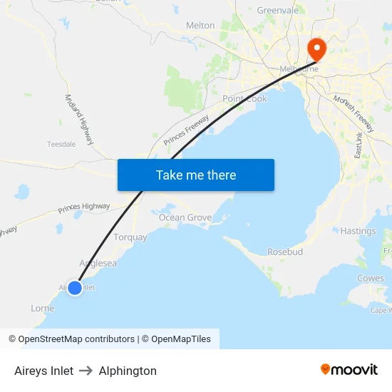 Aireys Inlet to Alphington map