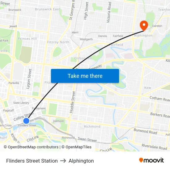 Flinders Street Station to Alphington map