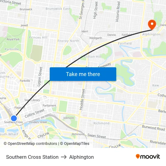 Southern Cross Station to Alphington map