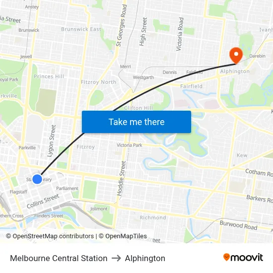 Melbourne Central Station to Alphington map