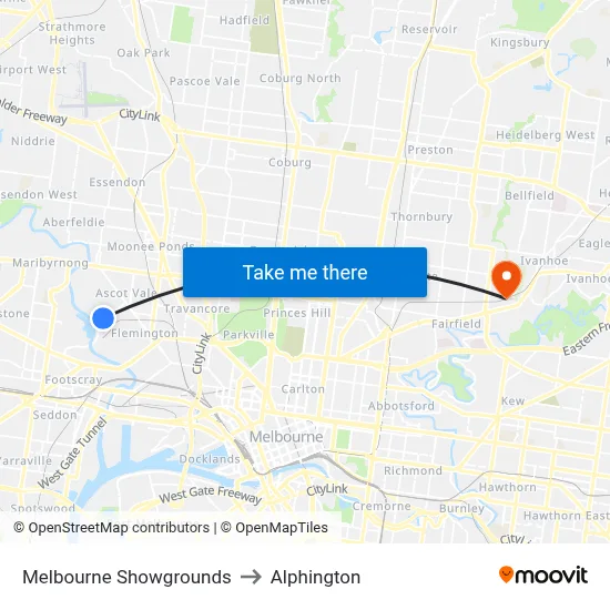 Melbourne Showgrounds to Alphington map