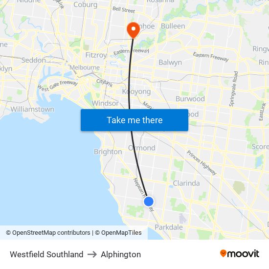 Westfield Southland to Alphington map