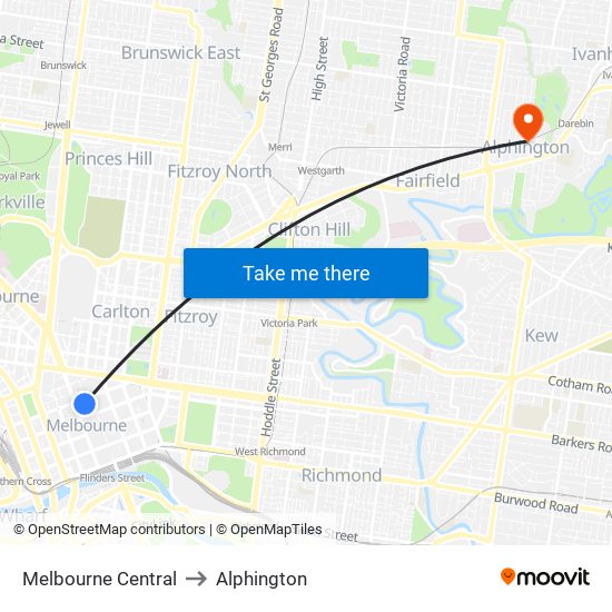 Melbourne Central to Alphington map