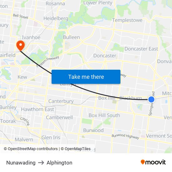 Nunawading to Alphington map