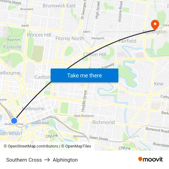 Southern Cross to Alphington map