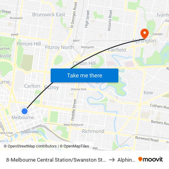 8-Melbourne Central Station/Swanston St (Melbourne City) to Alphington map