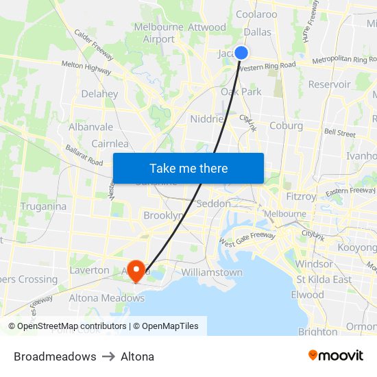 Broadmeadows to Altona map