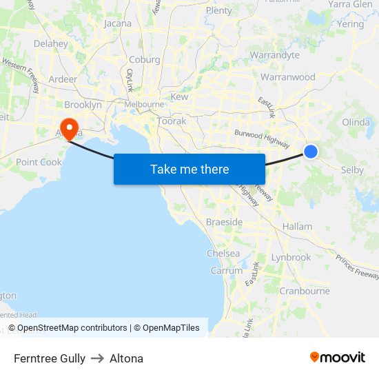 Ferntree Gully to Altona map