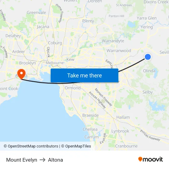 Mount Evelyn to Altona map
