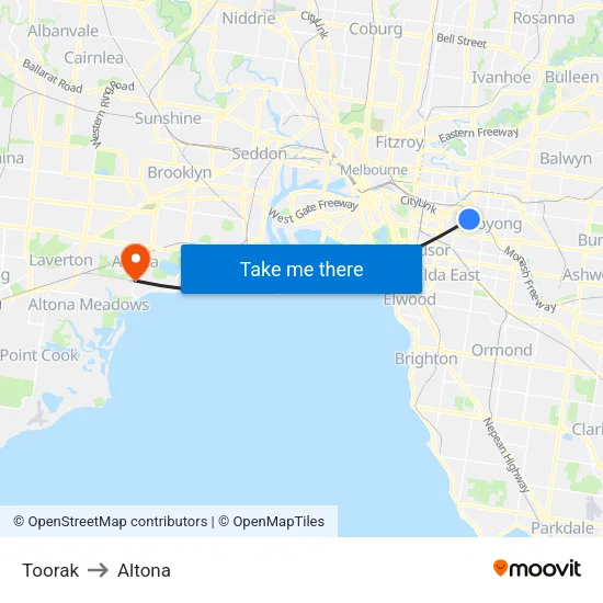 Toorak to Altona map