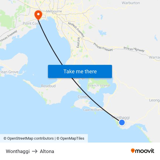 Wonthaggi to Altona map