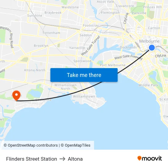 Flinders Street Station to Altona map