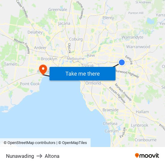 Nunawading to Altona map