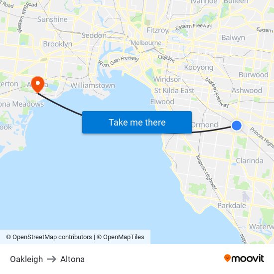 Oakleigh to Altona map