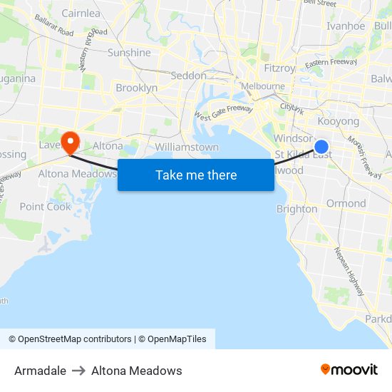 Armadale to Altona Meadows map