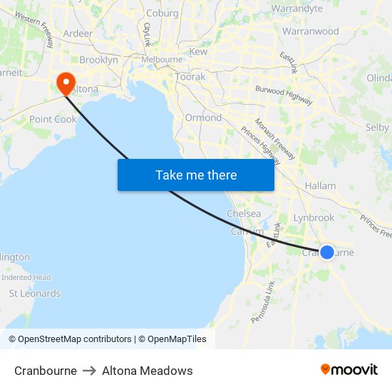 Cranbourne to Altona Meadows map