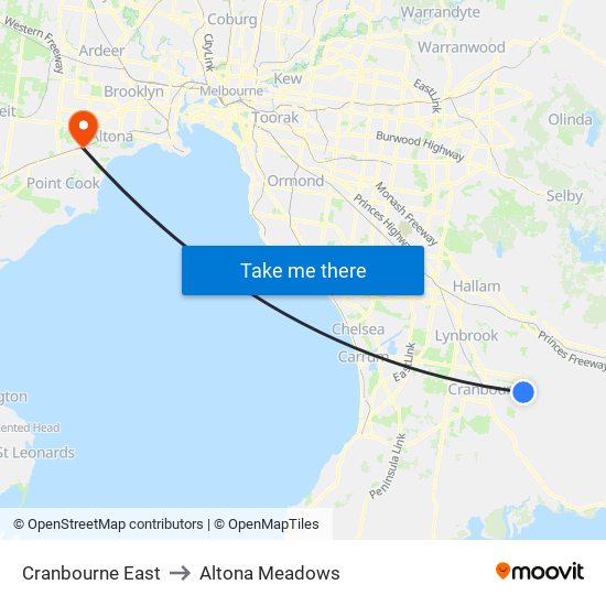 Cranbourne East to Altona Meadows map