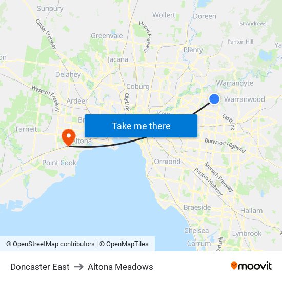 Doncaster East to Altona Meadows map