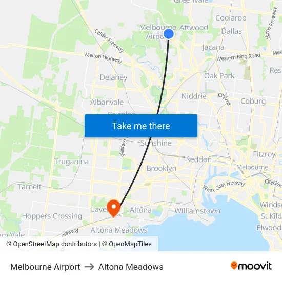 Melbourne Airport to Altona Meadows map