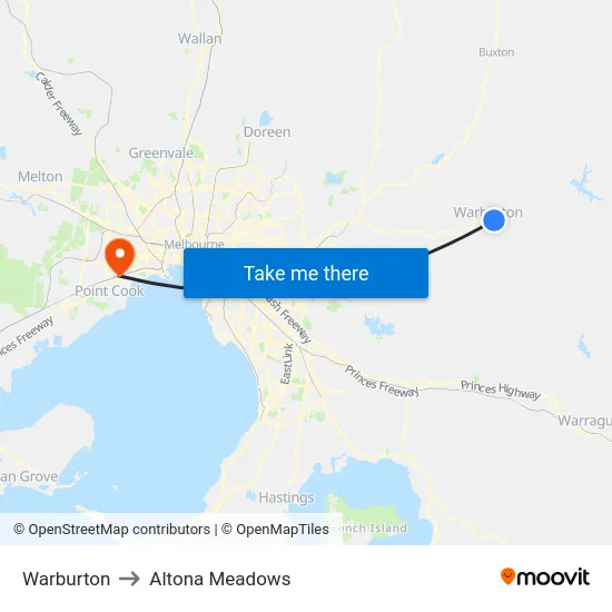 Warburton to Altona Meadows map