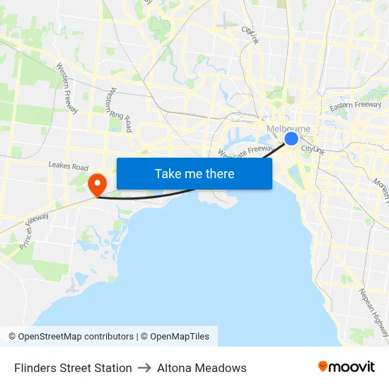 Flinders Street Station to Altona Meadows map