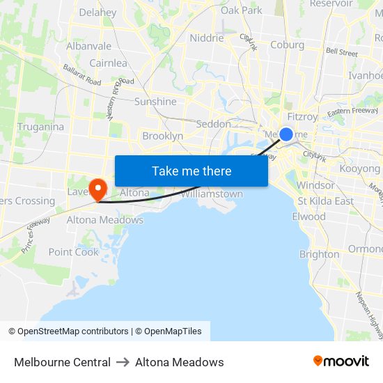 Melbourne Central to Altona Meadows map