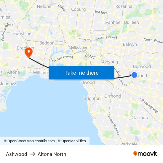 Ashwood to Altona North map