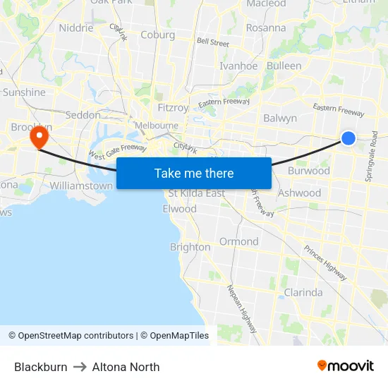 Blackburn to Altona North map