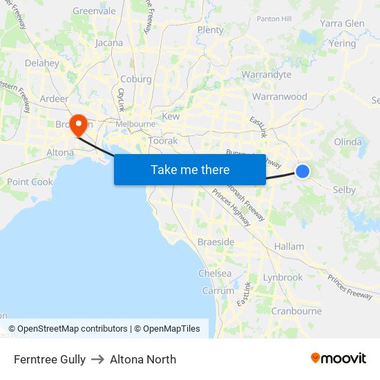 Ferntree Gully to Altona North map