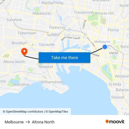 Melbourne to Altona North map