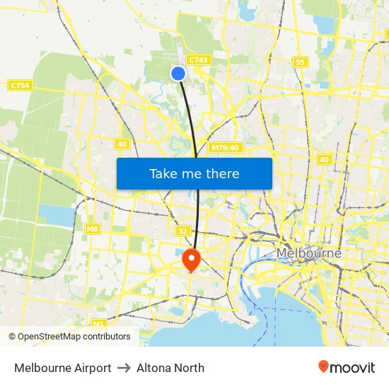 Melbourne Airport to Altona North map