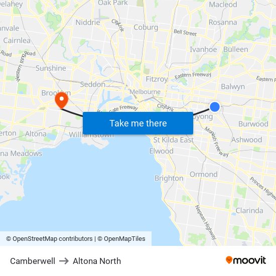 Camberwell to Altona North map