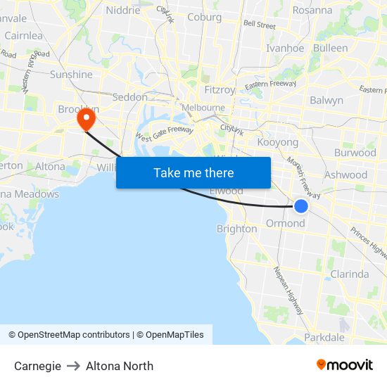 Carnegie to Altona North map