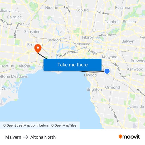 Malvern to Altona North map