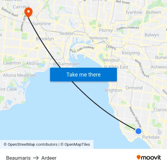 Beaumaris to Ardeer map