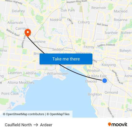 Caulfield North to Ardeer map