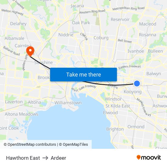 Hawthorn East to Ardeer map