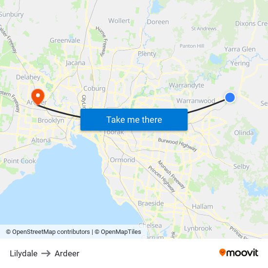 Lilydale to Ardeer map