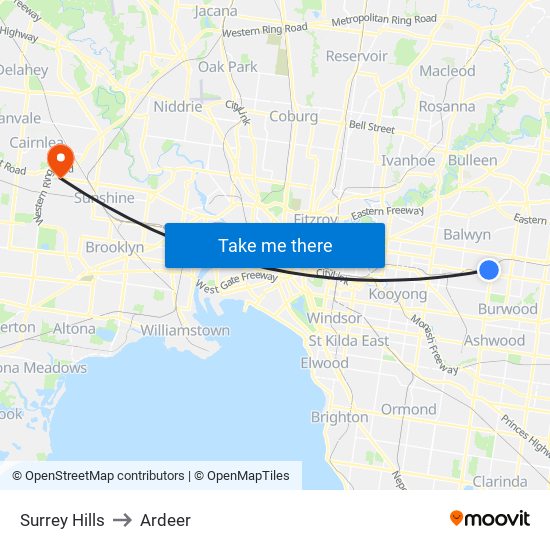 Surrey Hills to Ardeer map