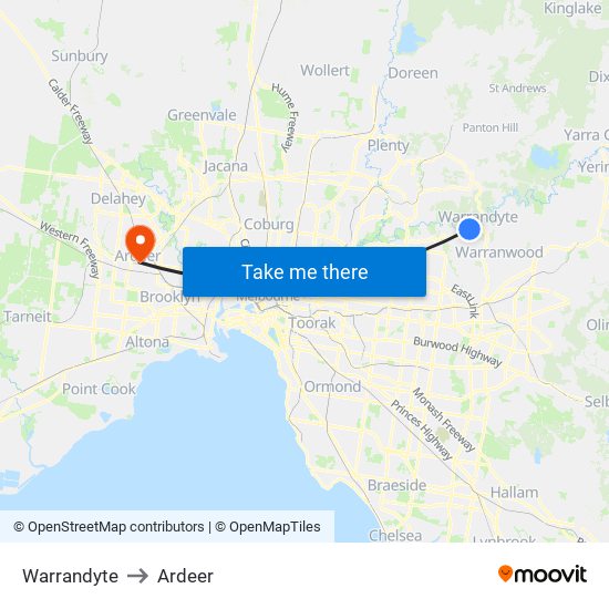 Warrandyte to Ardeer map